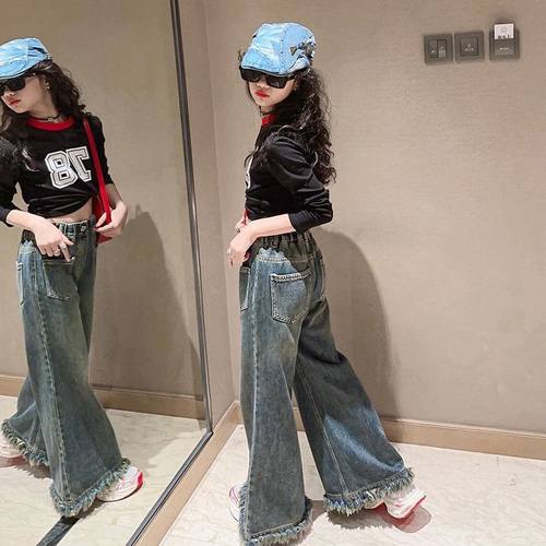 女童加绒牛仔直筒裤2025秋冬新款洋气时髦中大童小女孩翻边牛仔裤