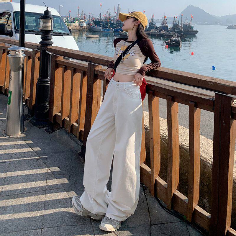 白色阔腿牛仔裤女秋冬2025年新款胖mm显瘦宽松垂感梨型身材直筒裤