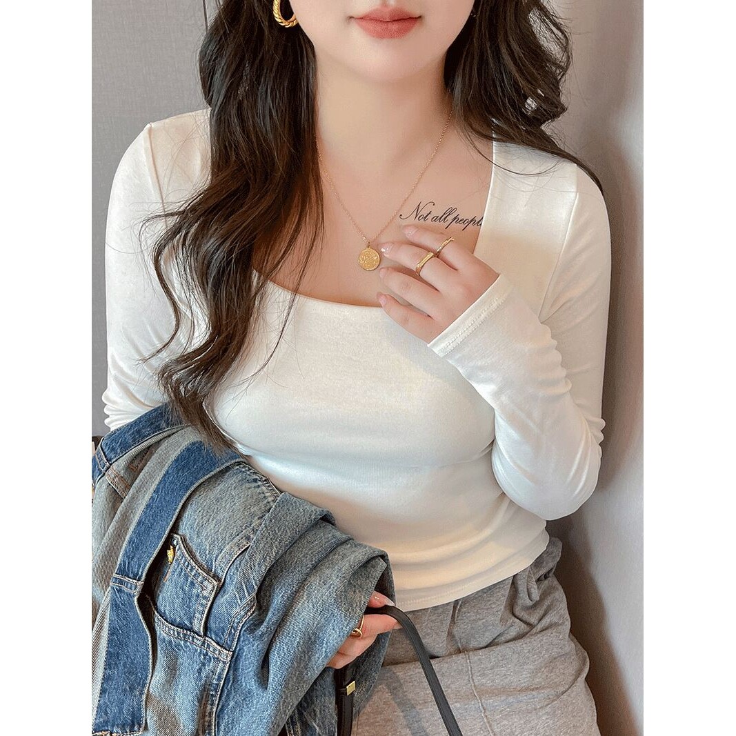 严选大码方领长袖打底衫女春秋新款内搭修身设计感可外穿上衣t恤