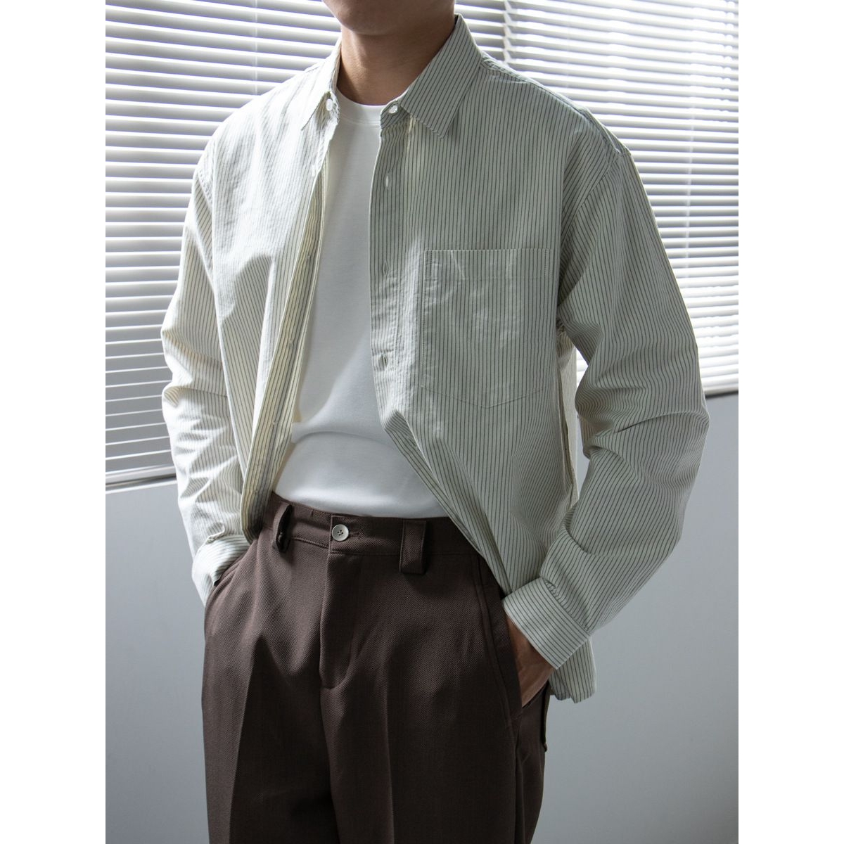 麦加仑简约细条纹口袋衬衫男长袖休闲秋季日系宽松男士衬衣衬衫