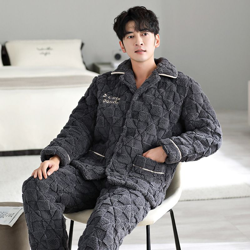 睡衣男冬季加绒加厚三层夹棉法兰绒家居服套装珊瑚绒保暖外穿冬款
