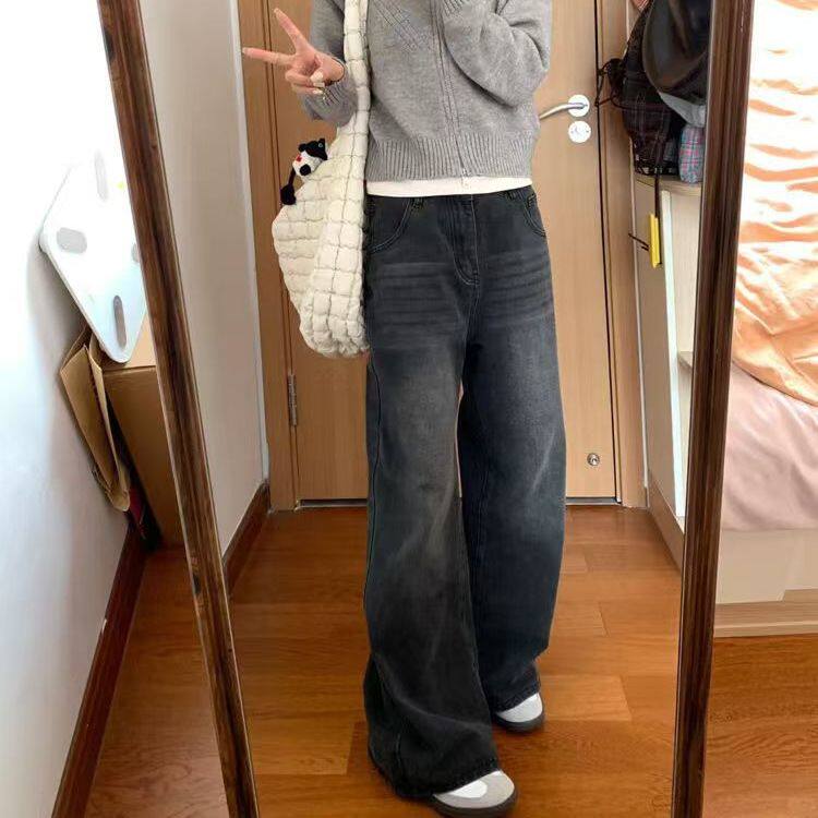 直筒牛仔裤女新款秋冬高腰遮胯显瘦小个子宽松复古阔腿微喇裤