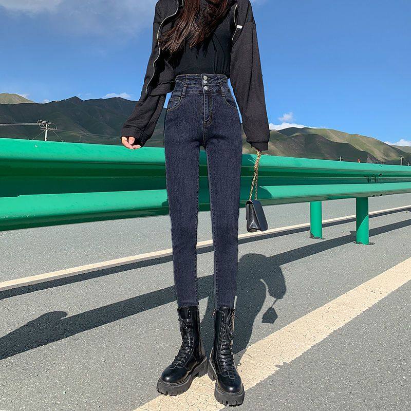 蓝灰色牛仔裤女春秋新款高腰显瘦秋冬弹力紧身裤铅笔小脚裤子