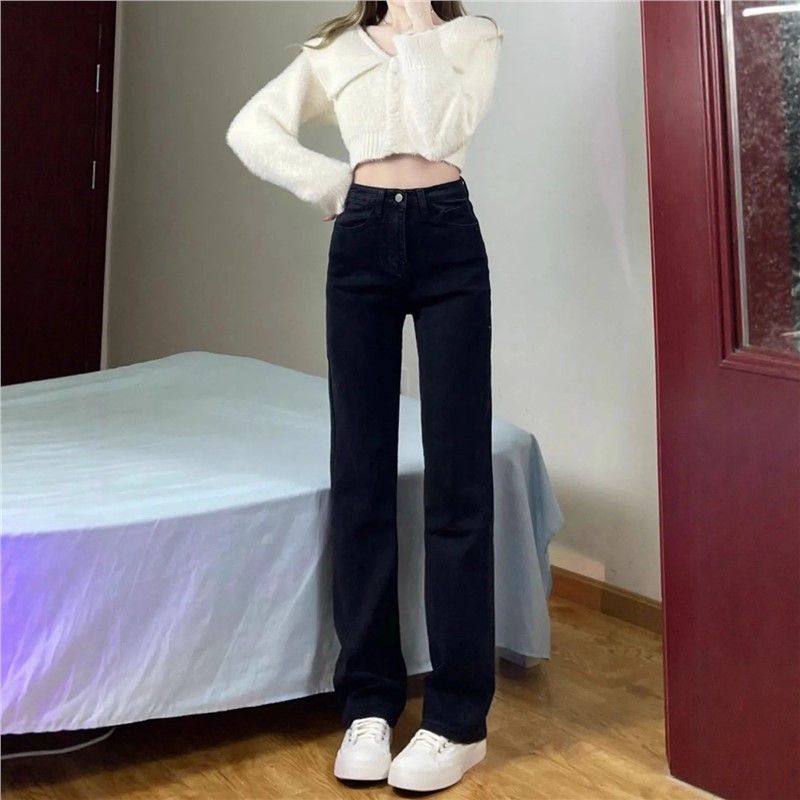 2025年新款秋冬窄版直筒裤黑色牛仔裤女高腰显瘦弹性阔腿牛仔裤子