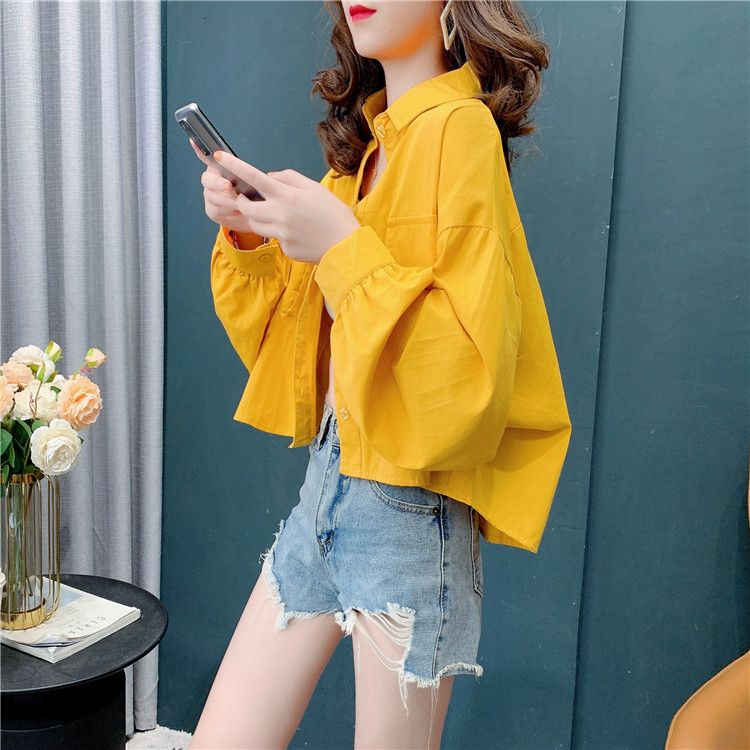 小众别致宽松韩版洋气百搭纯色衬衣女学生潮短款长袖衬衫女设计感