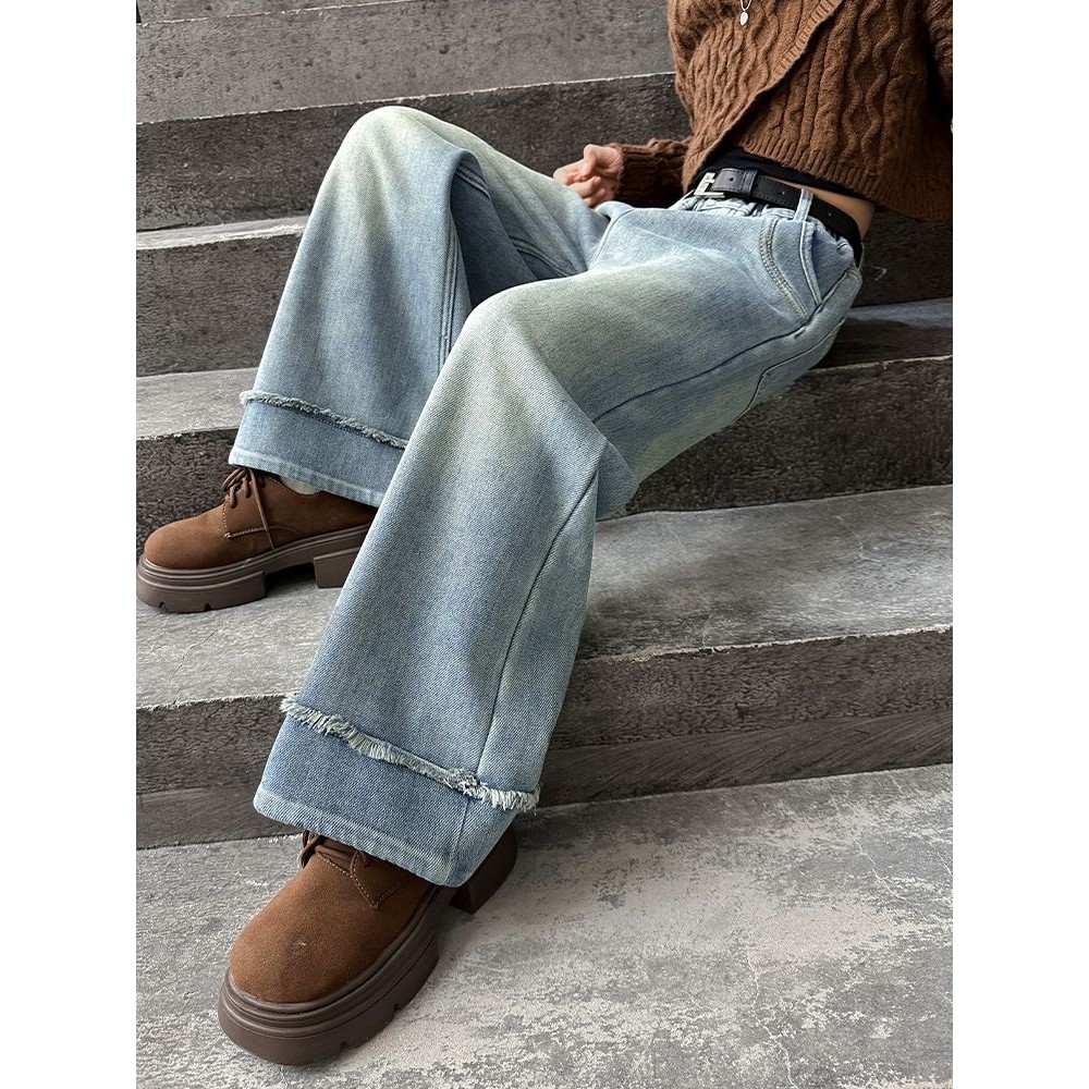 女童牛仔裤秋冬新款加绒加厚冬季女大童阔腿裤冬天儿童裤子