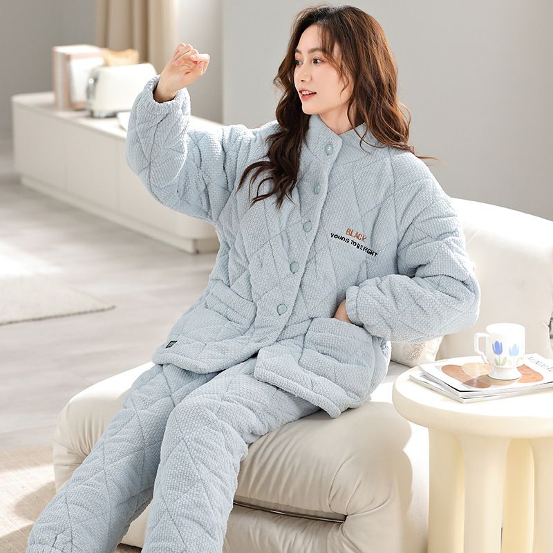 三层加厚夹棉睡衣女冬季2025新款加绒保暖棉袄家居服冬天套装外穿