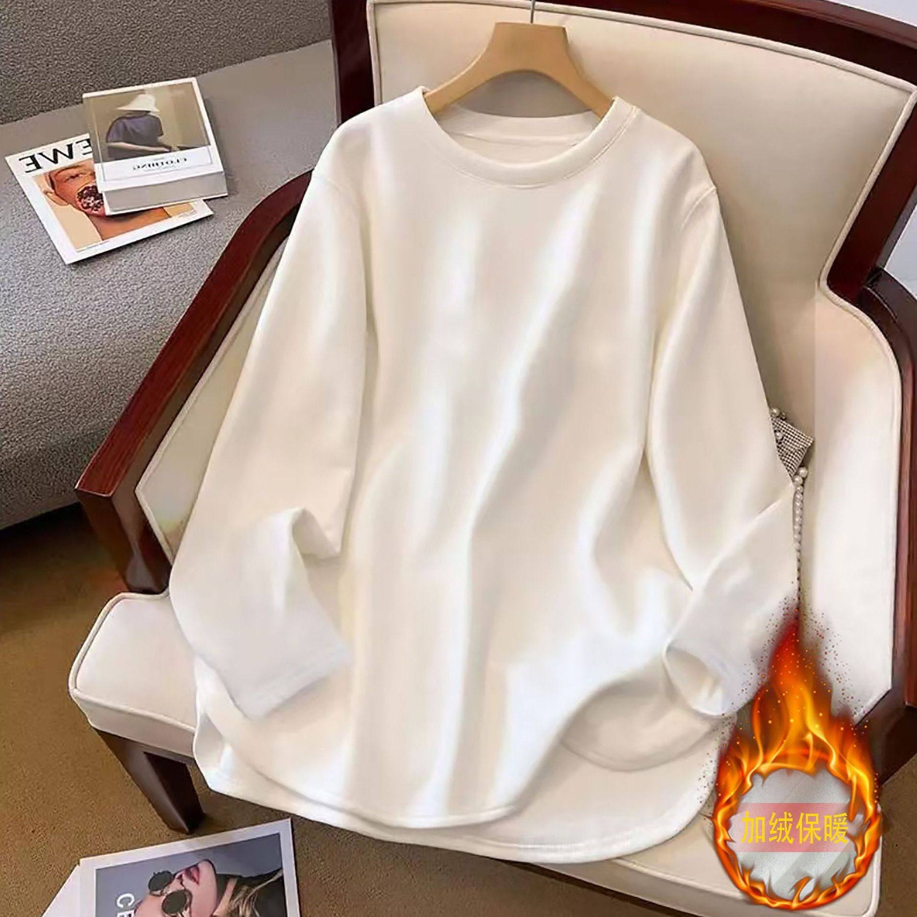 韩版宽松白色加绒开叉长袖T恤女春秋冬季新款休闲风中长款上衣潮,女装/女士精品,T恤,淘宝优惠券,粉丝福利购,淘宝优惠卷