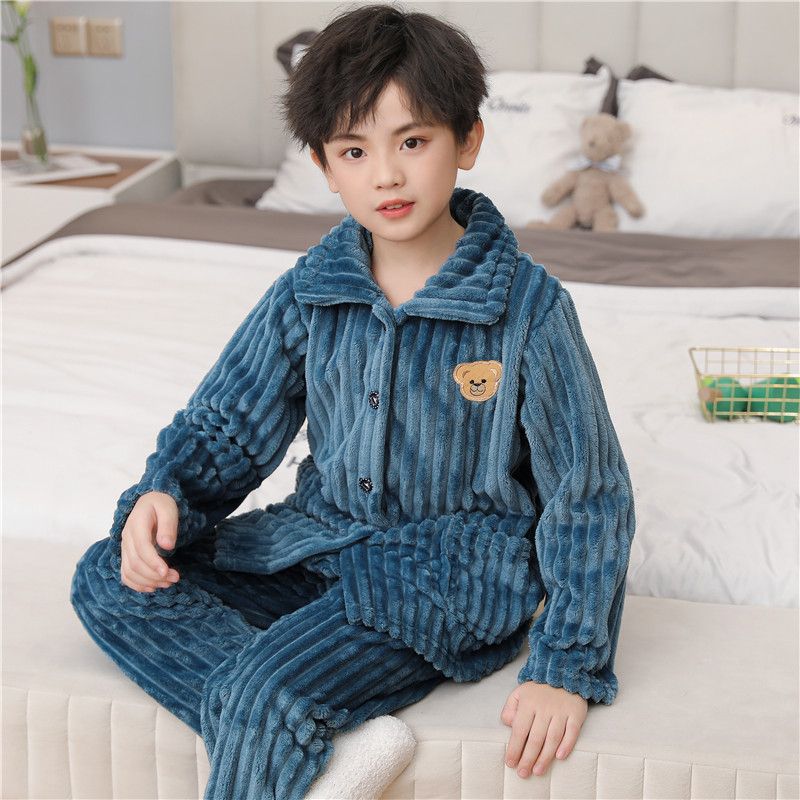 严选儿童法兰绒睡衣秋冬季男童女童家居服套装中大童加绒加厚女孩