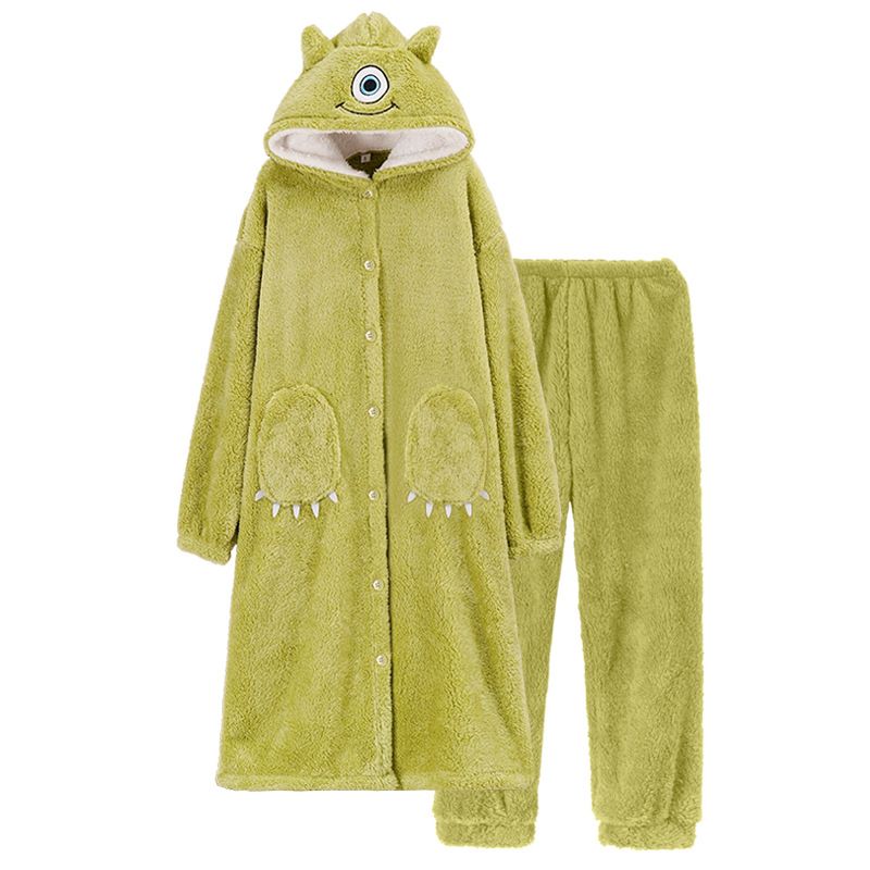 大眼仔睡衣女冬季珊瑚绒加厚加绒冬天睡袍长款法兰绒浴袍家居服潮