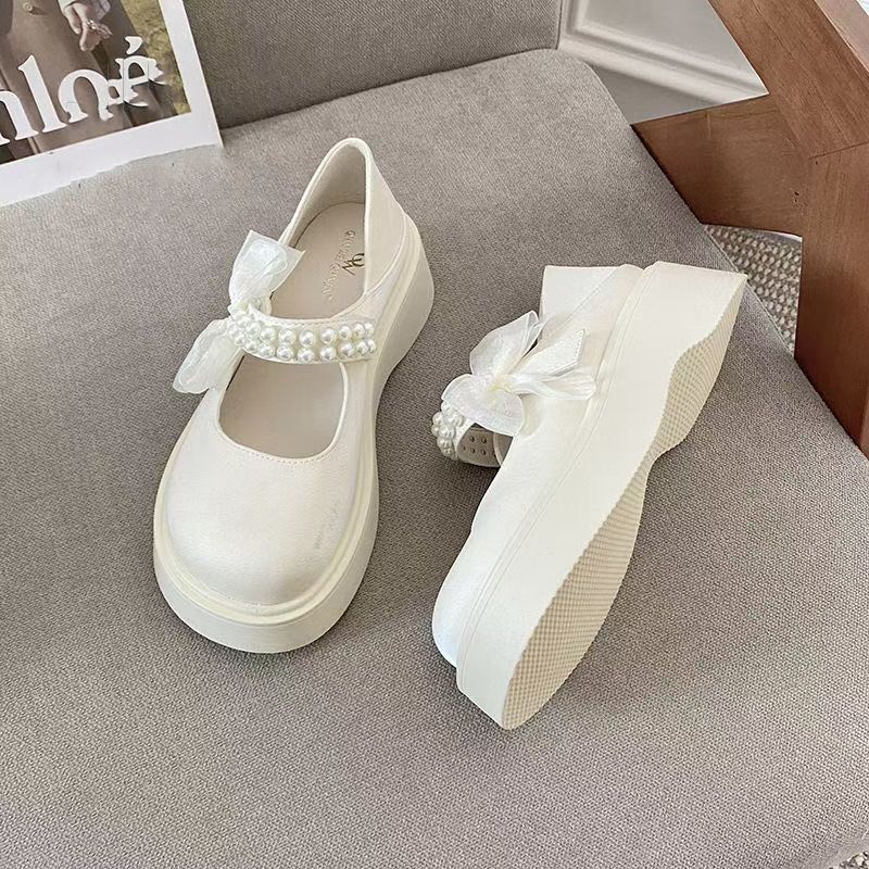 韩系百搭玛丽珍鞋女春秋季新款绝美时尚珍珠配裙子厚底小皮鞋