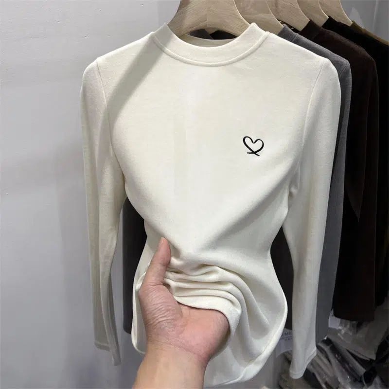 德绒设计感爱心刺绣长袖T恤女秋冬新款内搭加绒保暖打底衫上衣潮