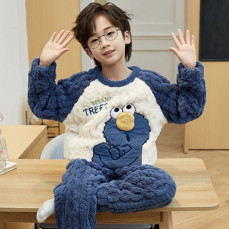 男童珊瑚绒睡衣秋冬季儿童法兰绒女童男宝宝加绒加厚234567岁套头