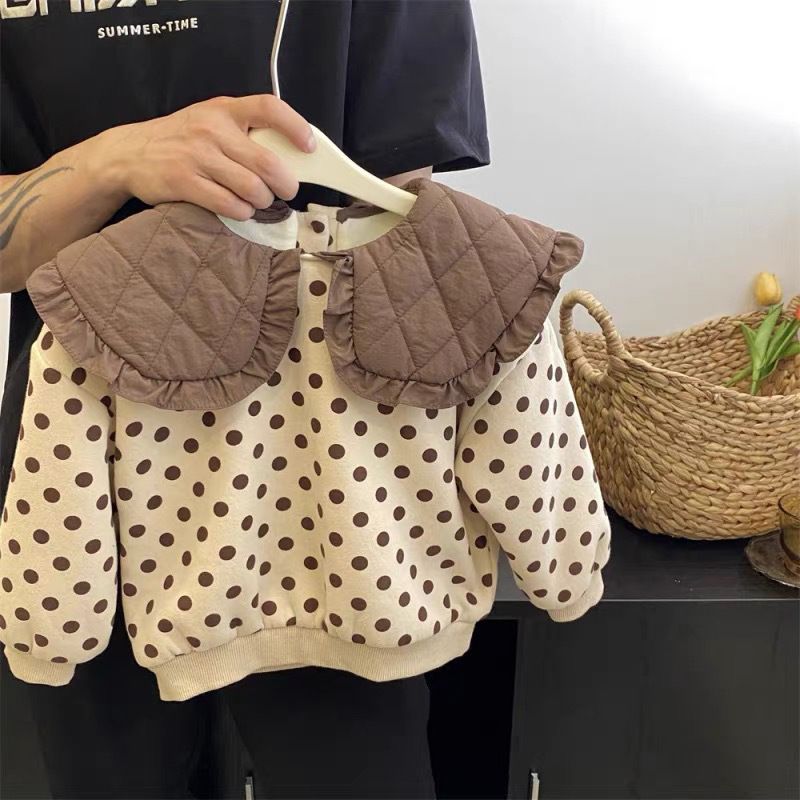 儿童秋冬款套头卫衣女童圆点翻领绒衫女宝宝双层加绒童装保暖上衣