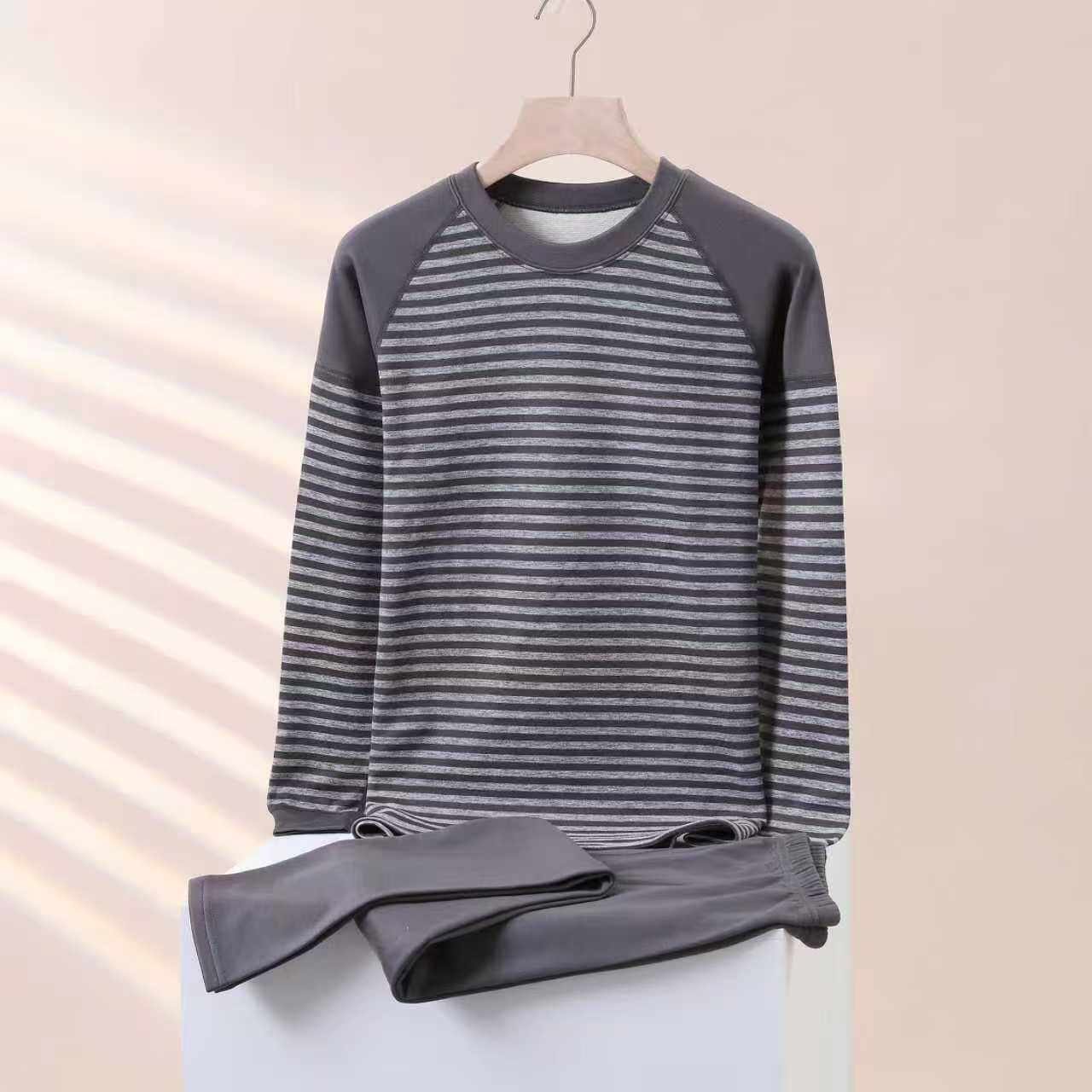 中大童秋衣秋裤套装男青少年保暖内衣圆领打底衫长袖冬季德绒条纹