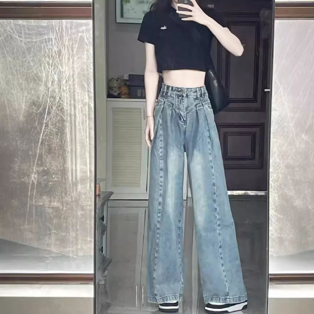 美式复古小个子阔腿女长裤秋季新款显瘦高腰垂坠设计感拖地牛仔裤