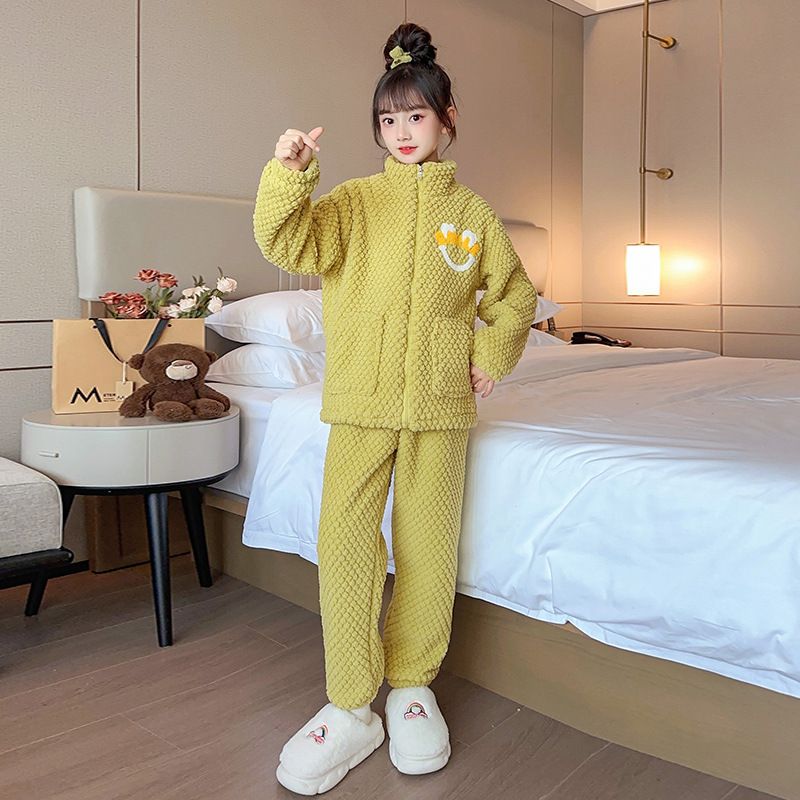 儿童秋冬睡衣珊瑚绒加绒加厚保暖套装中大童女孩法兰绒拉链家居服