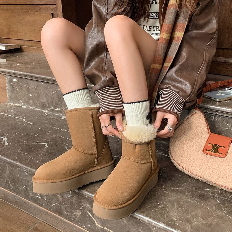 新款简约冬季雪地靴女厚底增高两穿中筒防滑羊皮毛一体百搭短靴潮