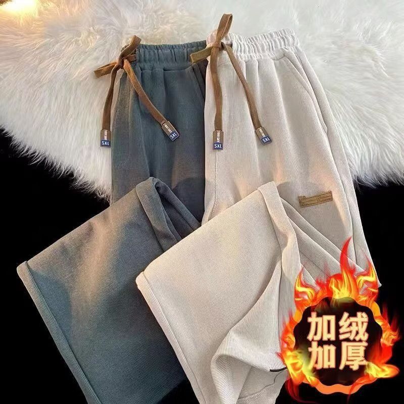 裤子男款秋冬款加绒加厚男士休闲长裤宽松直筒卫裤抽绳阔腿运动男