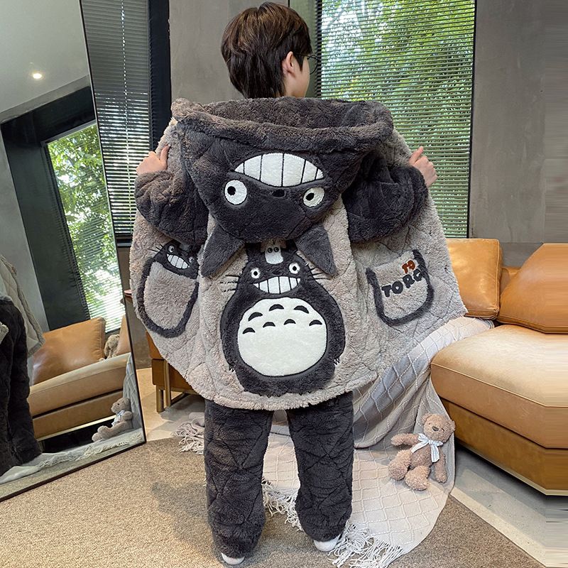 男童夹棉睡衣儿童冬季加绒加厚三层男孩13岁少年珊瑚绒保暖家居服