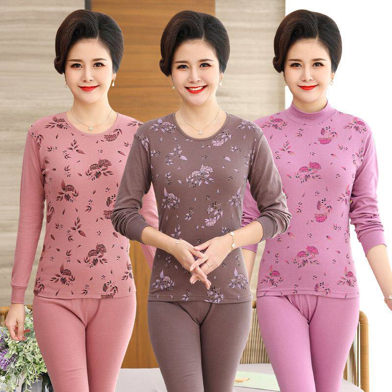 中老年人秋衣秋裤女士纯棉保暖内衣套装女妈妈薄款大码打底棉毛衫