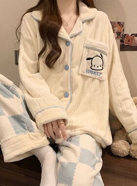 珊瑚绒睡衣女秋冬季加绒加厚2025年新款多巴胺长袖开衫家居服套装