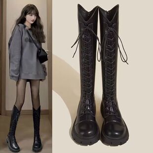 英伦风高筒靴女年秋季新款小个子厚底增高长靴显瘦骑士马丁靴