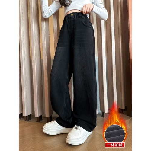 女童加绒牛仔裤秋冬外穿2025新款儿童加厚直筒长裤大童冬季阔腿裤