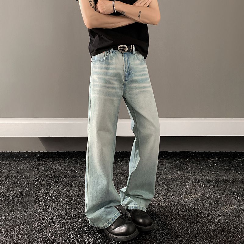2025夏季新款美式复古浅色ins高级垂感水洗宽松阔腿牛仔裤男
