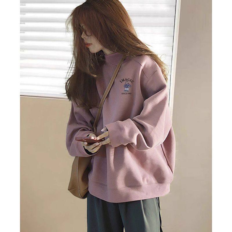 2025新款加绒半高领卫衣女秋冬季套头宽松无帽外套上衣服