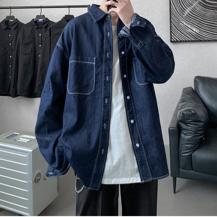 春秋简约牛仔衬衫男长袖装韩版潮流休闲衬衣宽松个性情侣外套