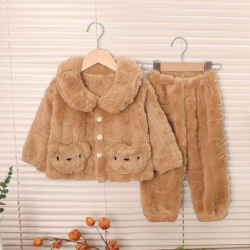 家居法兰绒睡衣儿童女孩套装宝宝冬天睡衣秋冬款加绒毛毛男童套装