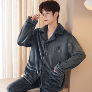 2025睡衣男秋冬天季加厚法兰绒套装珊瑚绒家居服加绒开衫大码保暖