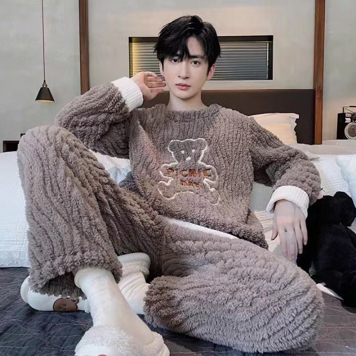 法兰绒睡衣男秋冬款套头保暖冬季加绒加厚珊瑚绒男士家居服套装