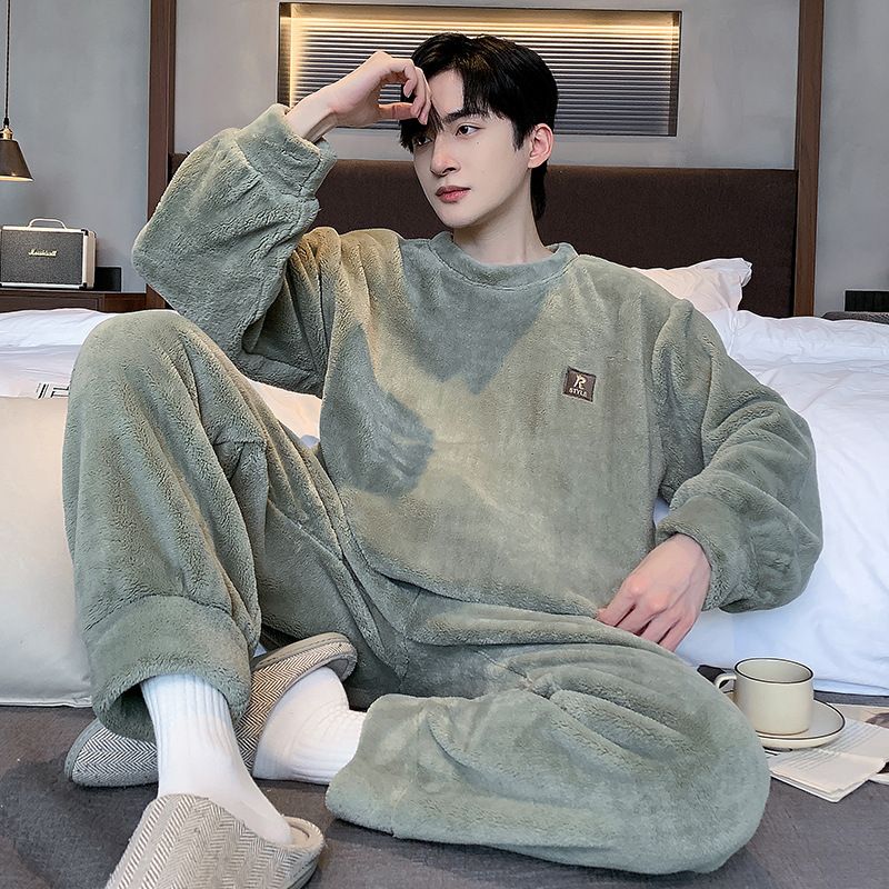 珊瑚绒睡衣男加厚加绒长袖法兰绒保暖套头家居服男士冬季两件套装