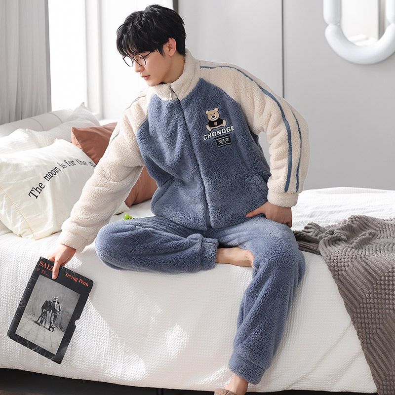 睡衣男冬季珊瑚绒加绒加厚拉链家居服男生秋冬款法兰绒可外穿套装