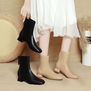 法式小短靴女粗跟2025新款秋冬女靴子中筒低跟方头瘦瘦靴女式皮靴