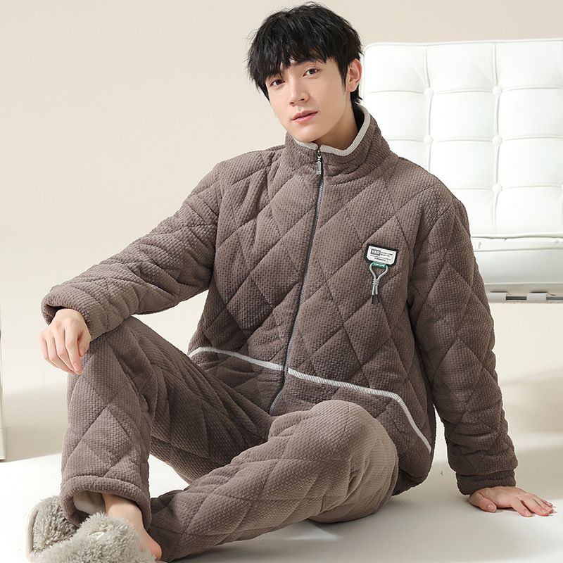睡衣男冬季三层加厚加绒保暖秋冬款珊瑚绒夹棉袄可外穿家居服套装