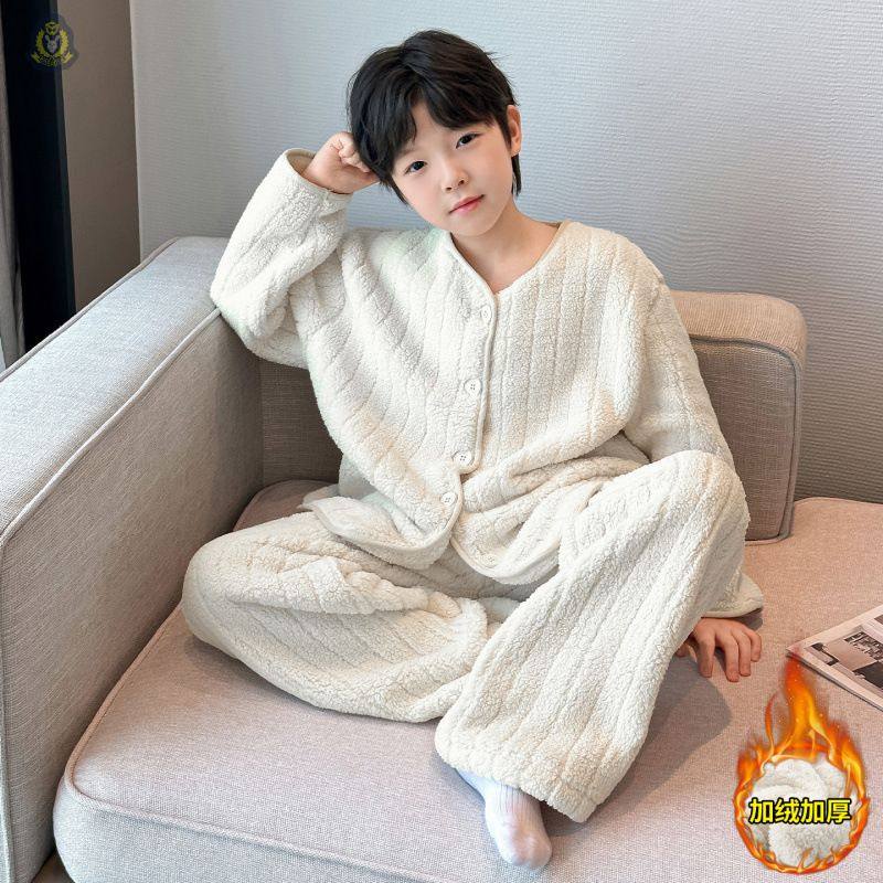 儿童加绒抽条睡衣休闲时尚开衫韩版秋冬款男童加厚保暖外穿家居服