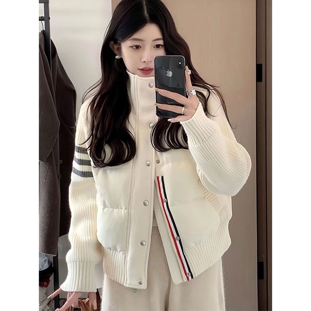 针织拼接轻薄羽绒服女短款小个子面包服白鸭绒外套保暖潮轻薄款