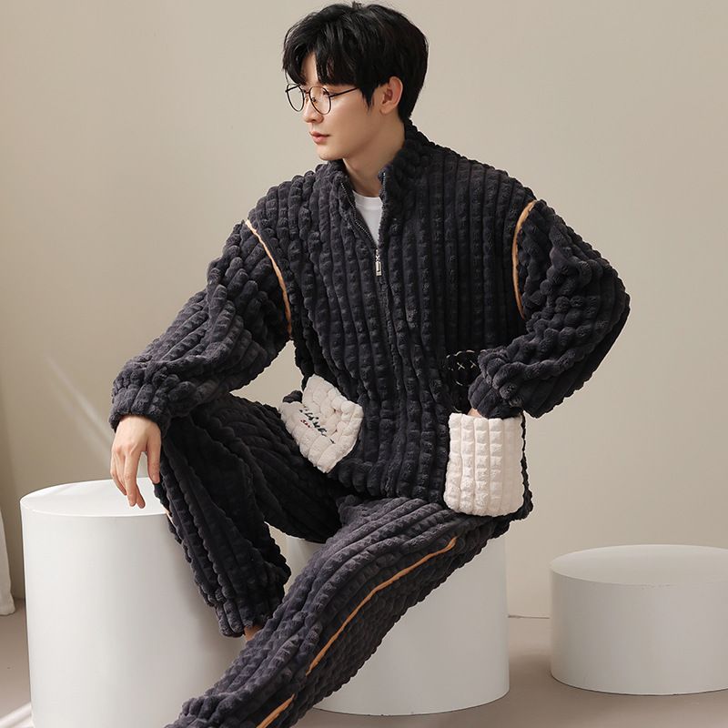 睡衣男冬季加厚加绒珊瑚绒保暖法兰绒秋冬款天男士简约休闲家居服