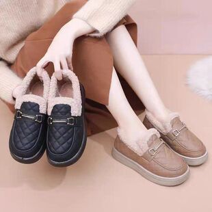 软皮加绒小皮鞋女款2025新款冬季百搭毛毛鞋粗跟厚底时尚乐福鞋女