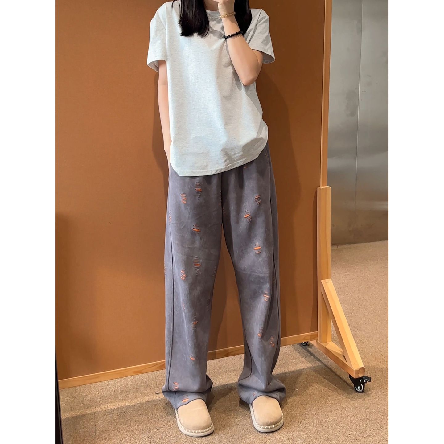 美式重磅破洞弯刀卫裤男款秋季慵懒风穿搭小众裤子垂感直筒休闲裤