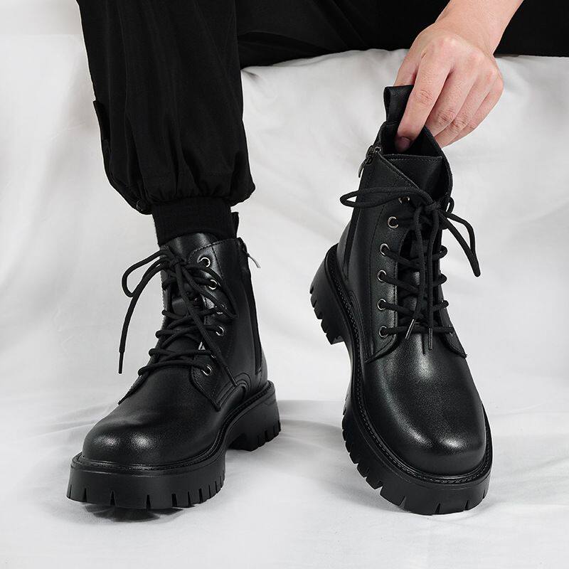 马丁靴男款英伦风工装机车靴夏季黑色侧拉链中邦增高软皮靴子男士