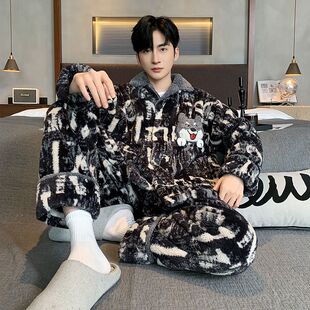 睡衣男珊瑚绒加绒加厚新款秋冬季翻领冬天法兰绒青少年家居服