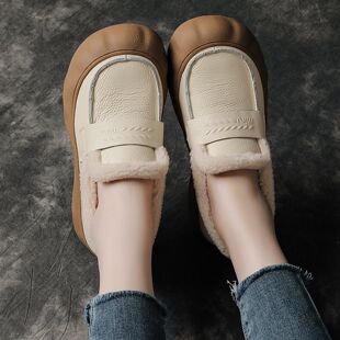 全牛皮冬季新款白色皮鞋厚底真皮棉鞋加绒加厚乐福鞋休闲毛毛鞋女