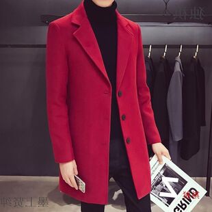 红色毛呢大衣秋季男士中长款呢子外套青年韩版潮流修身冬季风衣男