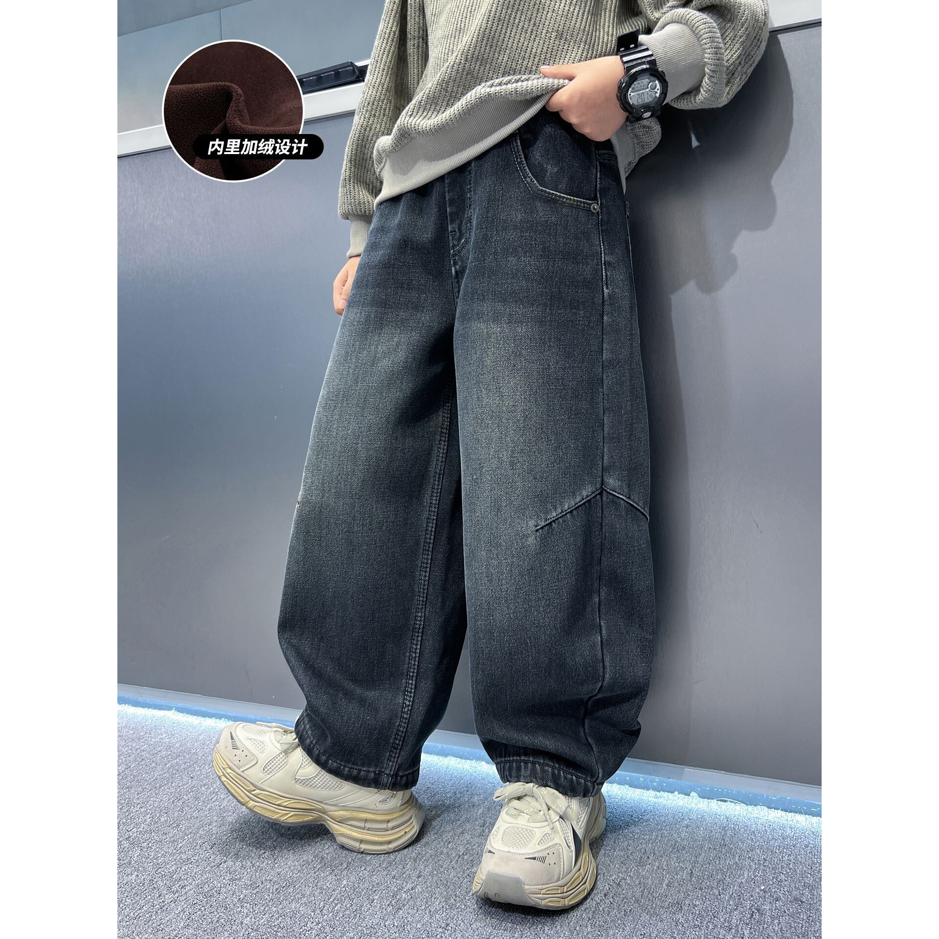男童秋冬加绒牛仔裤2025新款儿童中大童男孩宽松直筒加厚宽松冬装