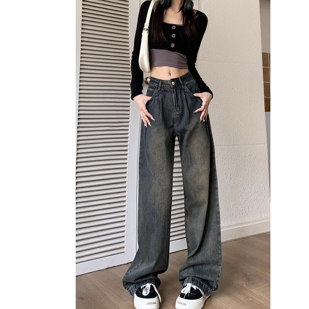水泥灰阔腿牛仔裤女秋冬新款大码胖MM宽松直筒垂感高腰拖地裤