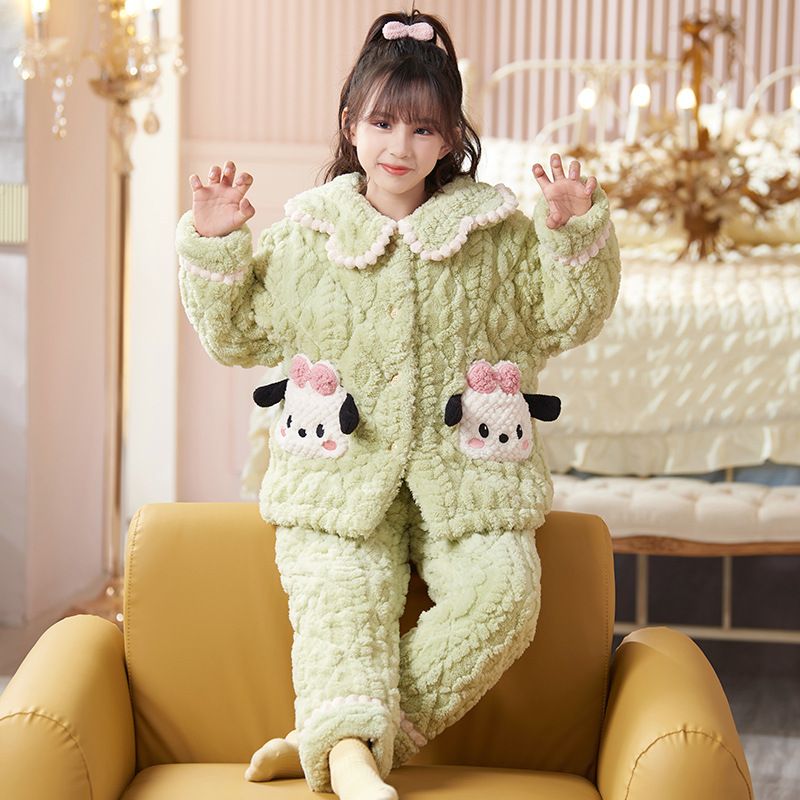儿童睡衣女童秋冬季珊瑚绒三层夹棉套装加厚加绒款女孩家居服套装